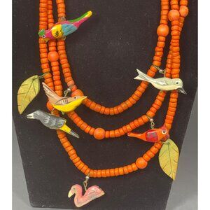 Retro Boho Chic Necklace Orange Wood Beaded Carved Tropical Parrot Bird Vintage
